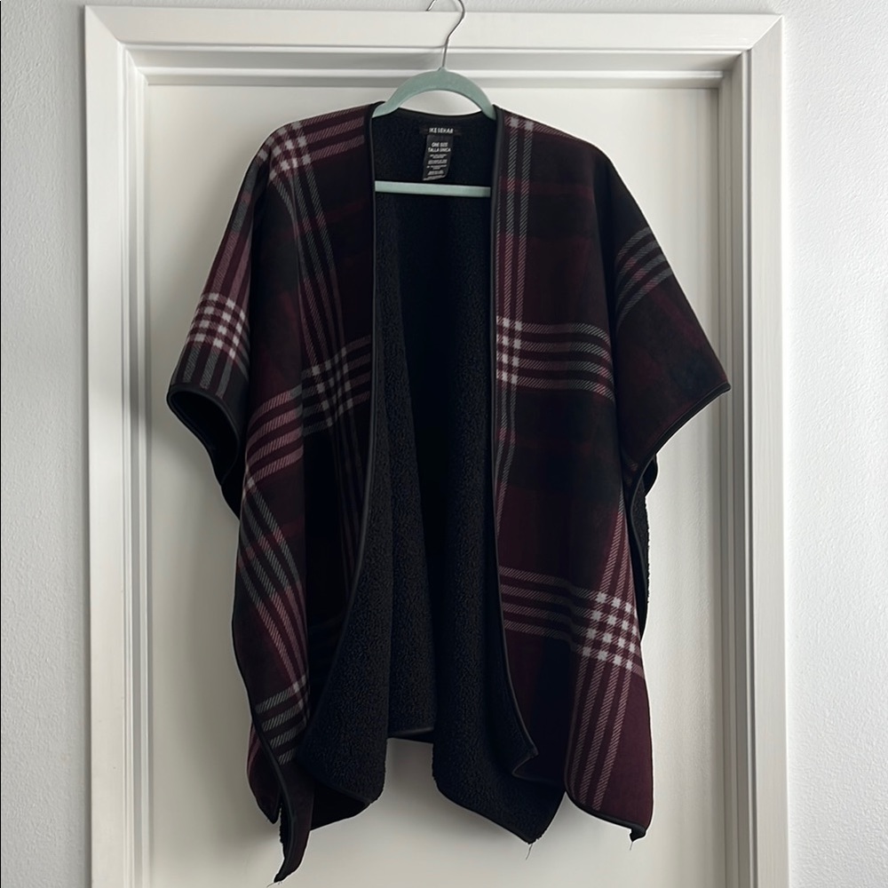 ike behar plaid open front poncho